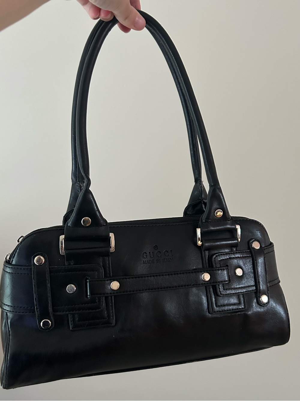 Gucci Black Leather Shoulder Bag with Buckle Accents